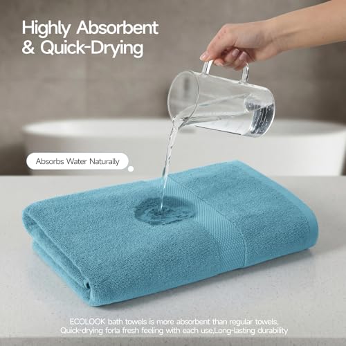 ecolook 2 Pack 100% Cotton Bath Towels, 28 x 55 Inches, Soft | Lightweight, Highly Absorbent & Quick Dry Body Towels for Bathroom, Shower, Gym & Daily Use, Blue - color: Blue