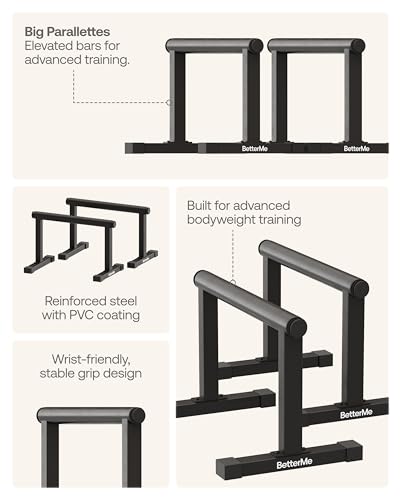 BetterMe Push Up Bars - Steel Parallettes for Calisthenics and Strength Training - Heavy Duty Pushup Bars for L Sits, Handstands and Planche - Stable Push Up Stands for Men