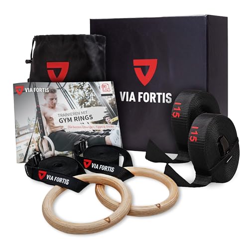 VIA Fortis® Premium Wooden Gym Rings with Straps, Bag & Workout Guide - Gym Rings for Calisthenics & Crossfit in Competition Design - Extra Wide Straps with Markings
