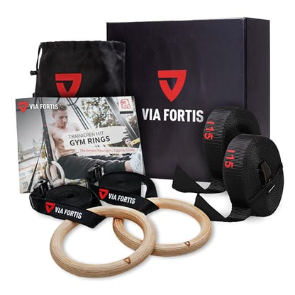 VIA Fortis® Premium Wooden Gym Rings with Straps, Bag & Workout Guide - Gym Rings for Calisthenics & Crossfit in Competition Design - Extra Wide Straps with Markings