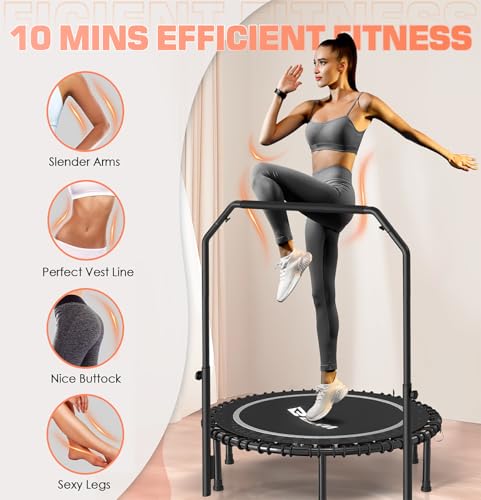 BCAN Adult Mini Trampoline, 40" Fitness Trampoline with Bungees, U Shape Adjustable Foam Handle, Stable & Quiet, Indoor Outdoor Workout-Silver