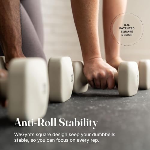 WeGym SafeGrip Square Dumbbells with Anti-Slip Handles, Safe Weight Lifting Equipment for Home Gym, Aesthetic Dumbbell Sets (Starter Set 2+3+5+8LB Pair with Sandstone Rack - Sandstone Set)