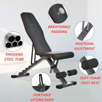 YOLEO Adjustable Weight Bench, Foldable Full Body Workout Benches Strength Training Folding Bench 330 lbs Weights Capacity, Decline/Incline/Flat, Exercise Equipment, Fitness Bench for Home Gym Machine