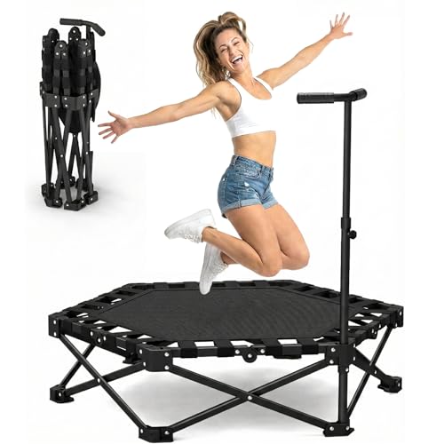 Foldable Trampoline, Fitness Rebounder Trampoline with 5-Level Adjustable Foam Handle, Quiet and Stable Exercise Trampoline for Kids Adults, Indoor/Outdoor Mini Trampoline