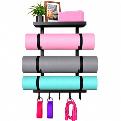Yoga Mat Holder Wall Mount, Yoga Mats Rack with Double Floating Shelves, Yoga Accessory Storage Rack with 5 Hooks for Resistance Bands and Workout Equipment for Home Gym Storage, Black