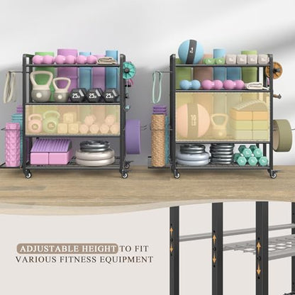 4-Tier Dumbbell Rack Stand Only, Adjustable Weight Rack for Dumbbells Kettlebells Yoga Mat, Home Gym Storage Rack with Wheels and Hooks, Powder Coated Finish