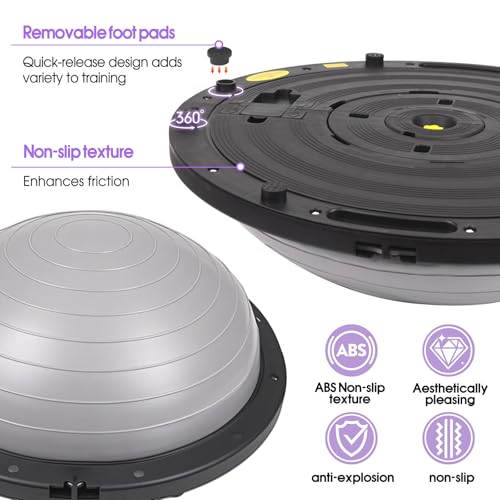 Half Balance Ball Trainer, 26 inch Stability Ball with Resistance Bands, Exercise Ball with Foot Pump, Gray