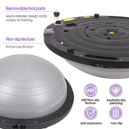 Half Balance Ball Trainer, 26 inch Stability Ball with Resistance Bands, Exercise Ball with Foot Pump, Gray