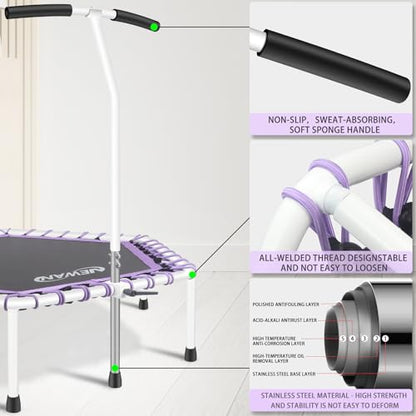 Newan 48'' Fitness Trampoline with Adjustable Handle Bar, Silent Trampoline Bungee Rebounder Jumping Cardio Trainer Workout for Adults - Max Limit 330 lbs - color: Purple