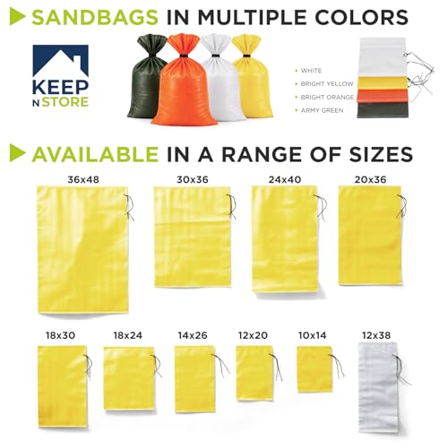 Heavy Duty Sand Bags Pack of 12, Bright Yellow Empty Sandbags with Built-In Ties, Woven Polypropylene UV Protection 1600 Hours, Fillable Bags for Flood Control, Weight, 14x26 inches, 50 Pounds Volume - size: 14"W x 26"L, style: Pack of 12