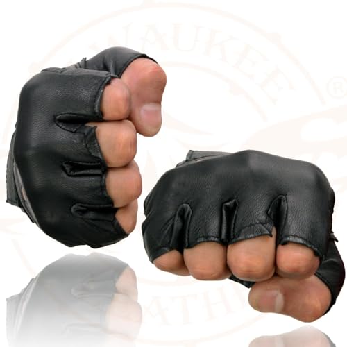 Milwaukee Leather SH216 Men's Black Leather Gel Padded Palm Fingerless Motorcycle Hand Gloves W/Breathable ‘Open Knuckle’