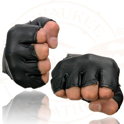 Milwaukee Leather SH216 Men's Black Leather Gel Padded Palm Fingerless Motorcycle Hand Gloves W/Breathable ‘Open Knuckle’