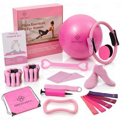 Pilates Equipment Kit 19 Piece, Home Pilates Workout Kit for Women, 14.5" Pilates Ring and Ball Set with Adjustable Ankle Wrist Weights, 5 Resistance Bands,Sliders & Grip Socks,Workout Guide Included