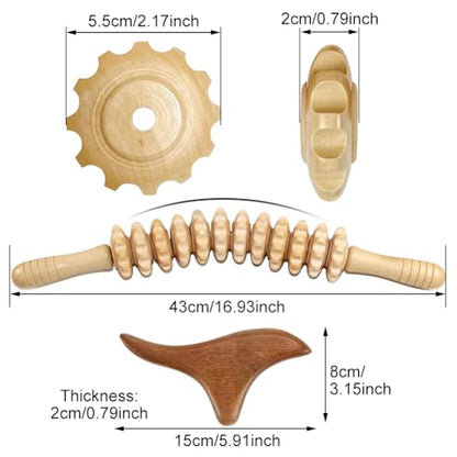 Wooden Massage Roller Stick with Triangle Massager, 12 Rollers Curved Wood Therapy-Massage Tool for Cellulite Reduction and Muscle Tension, 16.9inch