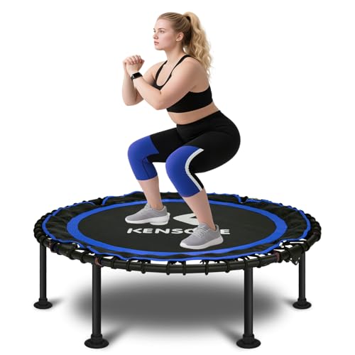 40/48" Foldable Rebounder Trampoline for Adults with Bungee, 450/550 LBS Quiet Indoor Mini Trampoline for Adults Fitness, Gym Workout, Home Exercise - color: Blue, size: 40" without Bar