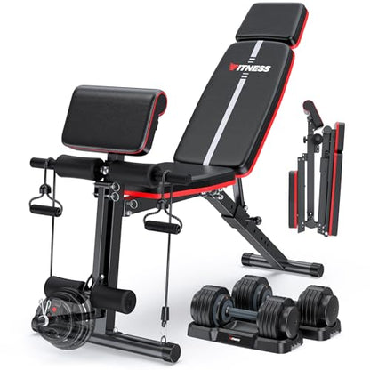 XDDIAS Adjustable Weight Bench, Workout Bench with Leg Extension and Preacher Curl Pad, Weight Bench for Home Gym, Foldable Exercise Bench, Quick Adjustment Incline Bench Press - color: Black A+a pair of 55LB Dumbbells