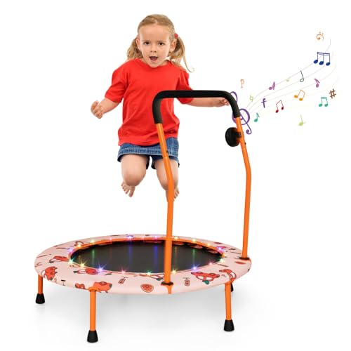 Giantex 36" Trampoline for Kids, Mini Toddler Trampoline w/Colorful LED Lights & Bluetooth Speaker, Small Rebounder Exercise Trampoline Indoor w/Foam Handle & Padded Cover for Kid Aged 3+ - color: Orange