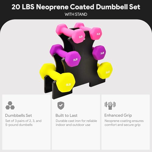 BalanceFrom Neoprene Coated Iron Dumbbell Hex Weights Set with Stand – Color-Coded or Black Options with Non-Slip Grip for Strength Training, Resistance Workouts, and Home Gym Fitness - style: 2/3/5lb Set