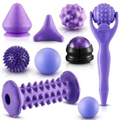 9 Pcs Massage Balls Set for Myofascial Point Release & Deep Massage Tissue Includes Lacrosse, 360° Rotating Mountable Ball, Spiky Balls, Hand Exercise Ball, Foot Roller