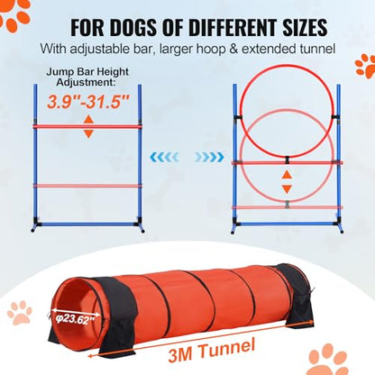VEVOR Dog Agility Training Equipment, Dog Obstacle Course Backyard Set with Adjustable High Hurdles,6 Weave Poles,Extended Tunnel,Jump Ring,Pause Box,Whistle Foldable Bowl Training Pouch Storage Bag - size: 8 Pcs Set