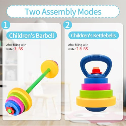 3-in-1 Kids Fitness Set with Adjustable Barbell, Kettlebell & Reusable Water Bottle – Kids Gym Equipment for Pretend Play Exercise, Fun Fitness Toys for Boys & Girls Home Workout