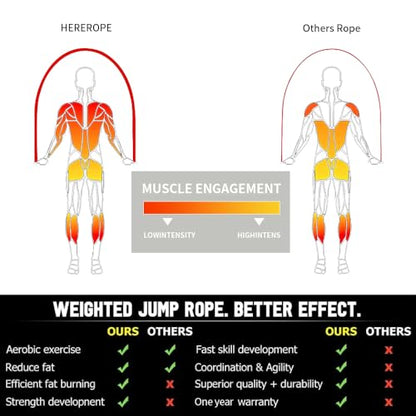 HEREROPE Weighted Jump Rope for Men Women Interchangeable 1/6lb 1/4lb 1/2lb Heavy Jump Rope- Adjustable Length, Tangle Free, Smooth Ball Bearing, Anti-slip Grip, Skipping Rope for Weight Loss