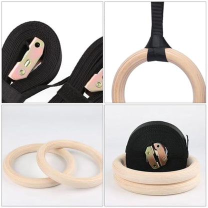 Wood Gymnastic Rings Fitness Rings Set with 4.5m Adjustable Straps 3.8cm Wide for Strength Training and Bodyweight Exercise at Home Or Outdoors