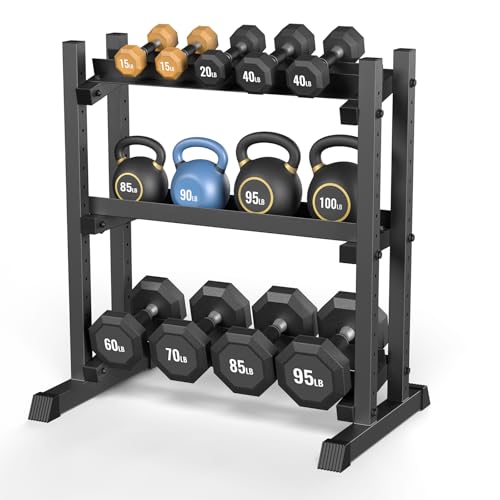 3-Tier Dumbbell Rack, 1100LBS Capacity Adjustable Weight Rack, Heavy-Duty Weight Stand for Dumbells & Kettlebells, Compact Weight Storage Organizer for Home Gym (Rack Only)