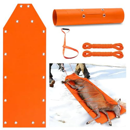 Deer Drag Sled Game Hauler, Orange Multi-Purpose Thickened Wear-Resistant Cargo Transport Sled with Ropes and Harness for Outdoor Hunting