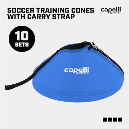 Capelli Sport Training Cones, Set of 10 Agility and Practice Drills Equipment with Carry Strap for Soccer, Football, Baseball, and Basketball, Blue
