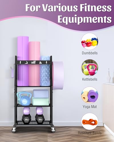 Mythinglogic Yoga Mat Storage Racks,Home Gym Storage Rack for Dumbbells Kettlebells Foam Roller, Yoga Strap and Resistance Bands, Workout Equipment Storage Organizer With Hooks and Wheels