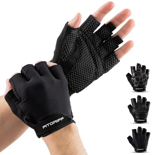 Fitgriff® Workout Gloves (Padded) for Men & Women - Fingerless Gym Gloves for Weight Lifting, Training - Full Palm Protection
