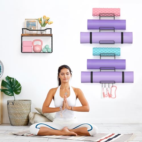 6-Tiers Yoga Mat Holder Wall Mount with Wood Floating Shelves, Yoga Mat Storage Rack Home Gym Accessories with Hooks for Hanging Stretching Strap & Resistance Bands, Yoga Room/Home Gym Decor