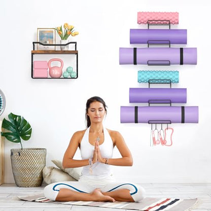 6-Tiers Yoga Mat Holder Wall Mount with Wood Floating Shelves, Yoga Mat Storage Rack Home Gym Accessories with Hooks for Hanging Stretching Strap & Resistance Bands, Yoga Room/Home Gym Decor