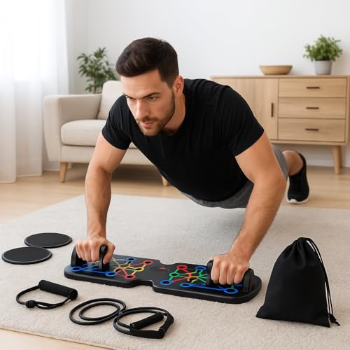 Push Up Board Fitness, Foldable 21-in-1 Pushup bar Home Workout Equipment – Multi-Functional Push Up Bar with Handles, Resistance Bands, Sliding Discs & Carry Bag – Heavy-Duty 330 lbs