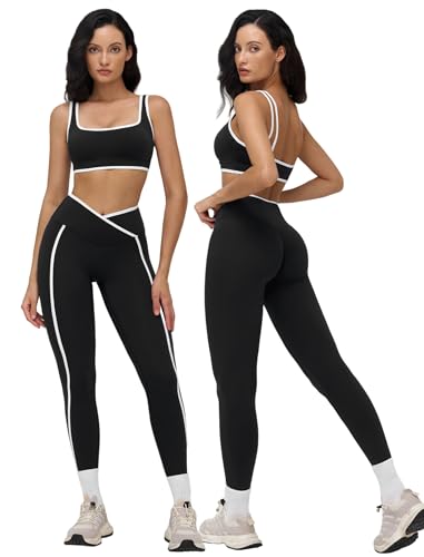 Womens Two Piece Workout Set Spaghetti Straps Color Block Sports Bra Matching High Waist Leggings Gym Work Out Outfits - color: Black, size: Small