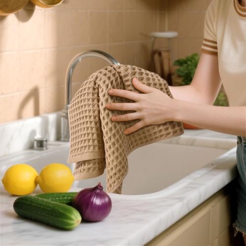 Jacquotha Waffle Bathroom Hand Towels 2-Piece (Tan) – Cotton, Soft, Lightweight, Lint Free, 13” x 29” - color: Tan