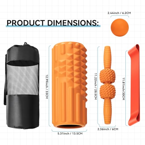 5 in 1 Foam Roller Set, High Density Fitness Exercise Foam Roller for Deep Tissue Muscle Massage, Massage Roller, Massage Ball, Resistance Band, for Whole Body(Orange)