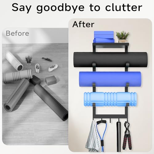 Yoga Mat Holder Wall Mount, Black Yoga Mats Storage Rack, Home Gym Storage with Metal Floating Shelf for Storing Fitness, Yoga Mat Rack with 5 Hooks for Hanging Foam Rollers and Resistance Bands