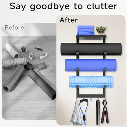 Yoga Mat Holder Wall Mount, Black Yoga Mats Storage Rack, Home Gym Storage with Metal Floating Shelf for Storing Fitness, Yoga Mat Rack with 5 Hooks for Hanging Foam Rollers and Resistance Bands