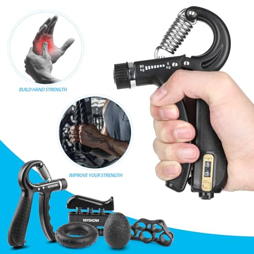 NIYIKOW Grip Strength Trainer Kit With Counter (5 Pack) - Adjustable Hand Strengthener, Counting Strength, Finger Trainer, Exerciser, Ring & Stress Relief Ball With Carry Bag