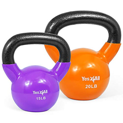 Yes4All Kettlebell, Vinyl Coated Kettlebell Cast Iron Sets with Stable Flat Bottom for Full Body Workout, Push up, Grip Strength Training & Weights Exercises - color: Multicolor, style: 15 - 20lb