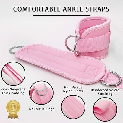 Fitness Ankle Straps for Cable Machines, 2 Pack Comfortable Adjustable Padded Ankle Wrist Cuffs, Kickback Glute Workouts for Men Women, D-Ring Leg Straps with Neoprene Padding