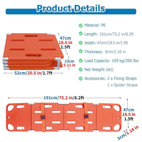 Spine Board Stretcher, Portable Emergency Rescue Stretcher, Folding Plastic Stretcher, Patient Transport Medical Stretcher Fire Rescue Stretcher, for Hospitals/Clinics/Families/Sports Fields 4folds