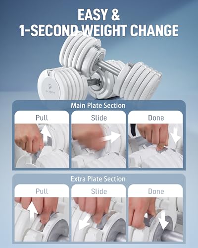 BYZOOM FITNESS Pure Series Adjustable Dumbbell - 12.5/25/27.5/50/55/75lb - ONE UNIT OR PAIR(check QTY before purchase) - 5-in-1/ 10-in-1 / 15-in-1 / 21-in-1 Flexible Hand Weights for Home Apartment Garage Gym, Strength Training & Fitness Workouts, White O