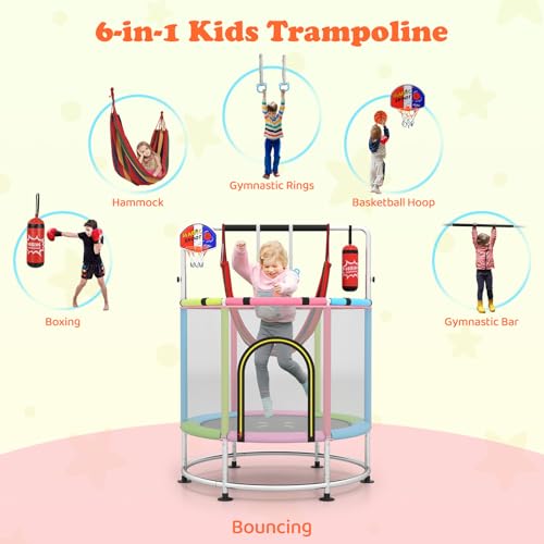 GYMAX 55" Trampoline for Kids, 440LBS 6 in 1 Toddler Rebounder with Swing, Basketball Hoop, Punching Bag, Rings & Bar, No-Gap Jumping Mat Mini Indoor Outdoor Trampoline - color: Pink-Green-Blue