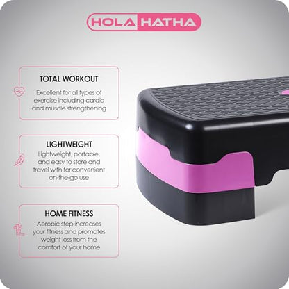 HolaHatha Compact Portable Aerobic Step Platform Exercise Fitness Equipment, Cardio Stepper with Adjustable Height for Home Gym - color: Black/Pink