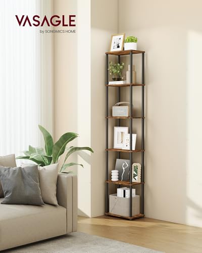 VASAGLE 6-Tier Shelf, Storage Shelves, Bookcase with Shelves, Living Room - color: Rustic Brown + Ink Black, size: 6 Tiers (15"W)