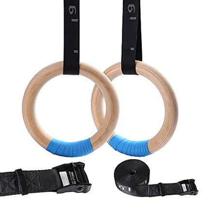 Wood Gymnastic Rings with Adjustable Number Suspension Trainer Straps with Cam Buckle 15ft Olympic Rings 32/28mm Heavy Duty 1543/992lbs for Pull Up Bar Workout Exercise Gym Hanging Rings Indoor
