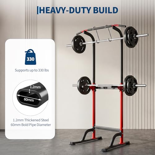 Power Tower Home Gym Strength Training Station Adjustable 10 Height Levels, Heavy-Duty Chin-Up Tower with Parallel Dip Handles, Bodyweight Workout Equipment for Pull-Ups, Dips, Knee Raises, Push-Ups, 330 Lb Capacity